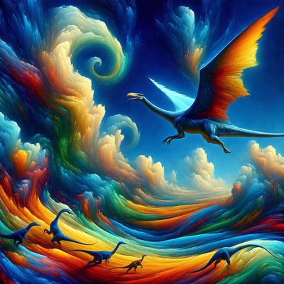 The primary subject of the image is a colorful dragon flying through a vibrant, swirling sky. The dragon is surrounded by a variety of colorful dinosaurs, creating a lively and dynamic scene. The setting is a cloudy, blue sky, which adds to the overall atmosphere of the image. The visual style is a combination of digital art and illustration, resulting in a captivating and imaginative piece of art. The dominant colors in the image are blue, orange, and yellow, which contribute